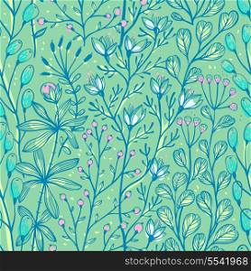 vector floral seamless pattern with herbs and plants on a green background