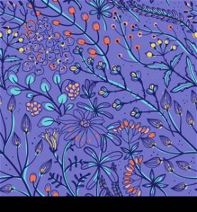 vector floral seamless pattern with herbs and plants on a violet background