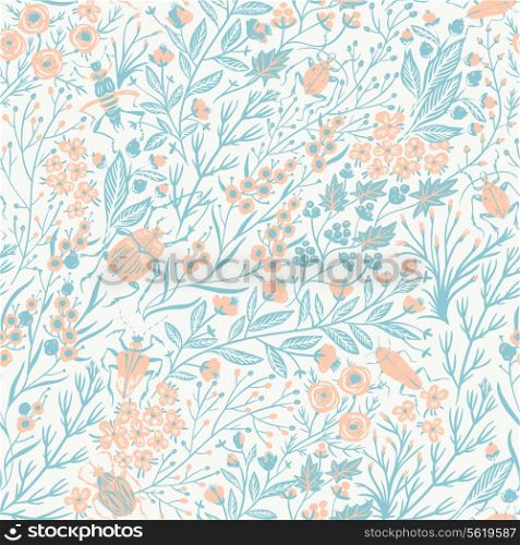 vector floral seamless pattern with herbs, plants and beetles