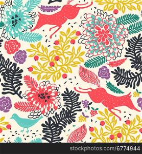 vector floral seamless pattern with hunting red foxes
