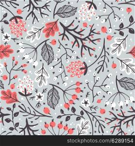 vector floral seamless pattern with leaves and berries in a vintage style