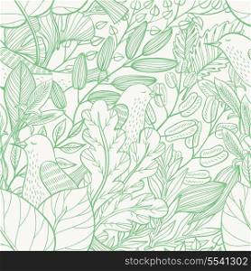 vector floral seamless pattern with leaves and birds
