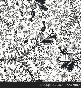 vector floral seamless pattern with little black peackocks