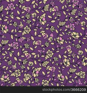 vector floral seamless pattern with little blooming roses on a violet background