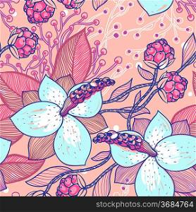 vector floral seamless pattern with magnolia and berries