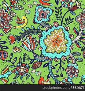 vector floral seamless pattern with multicolored plants and birds