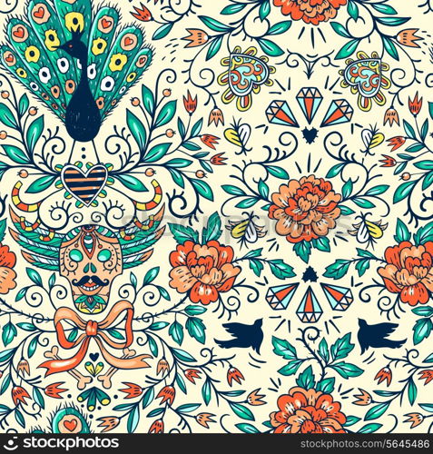 vector floral seamless pattern with ornamental skulls , peacocks and vintage roses