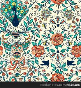 vector floral seamless pattern with ornamental skulls , peacocks and vintage roses