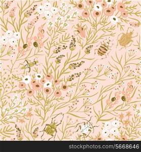 vector floral seamless pattern with pastel blooms and beetles