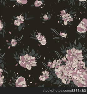 Vector floral seamless pattern with pink peonies on dark background.
