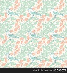 vector floral seamless pattern with plants and birds