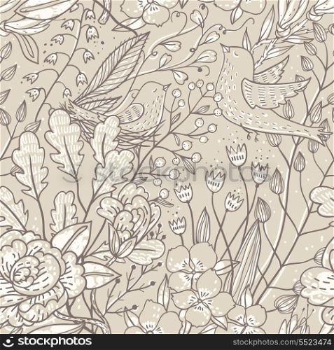 vector floral seamless pattern with plants and birds on a beige background