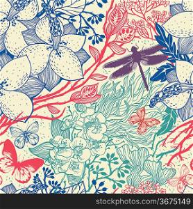vector floral seamless pattern with plants and insects