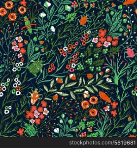 vector floral seamless pattern with plants, flowers and insects