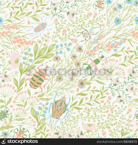 vector floral seamless pattern with plants,herbs and beetles