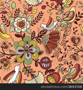 vector floral seamless pattern with pretty birds and flowers