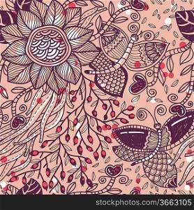 vector floral seamless pattern with red berries and butterflies