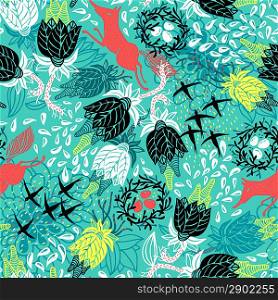 vector floral seamless pattern with running foxes