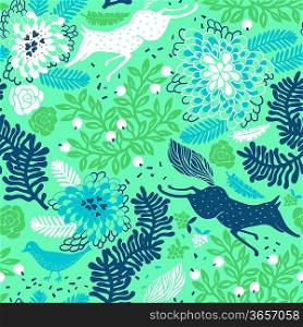 vector floral seamless pattern with running foxes and abstract plants