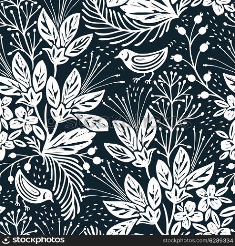vector floral seamless pattern with silhouettes of fantasy plants and birds