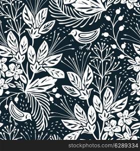 vector floral seamless pattern with silhouettes of fantasy plants and birds