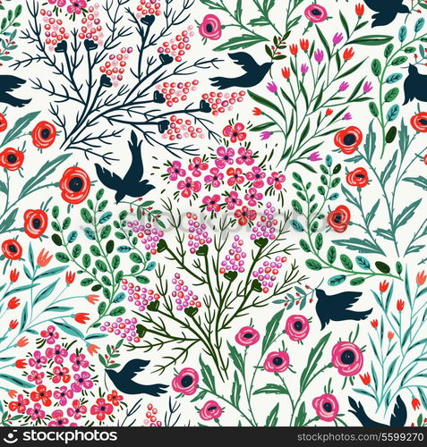 vector floral seamless pattern with summer blooms and abstract birds