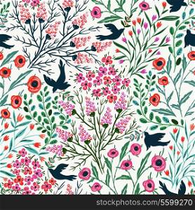 vector floral seamless pattern with summer blooms and abstract birds