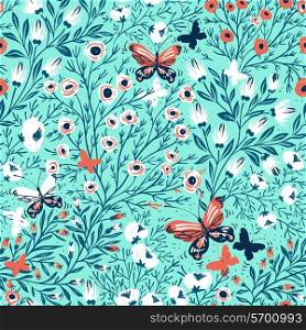 vector floral seamless pattern with summer blooms and flying butterflies