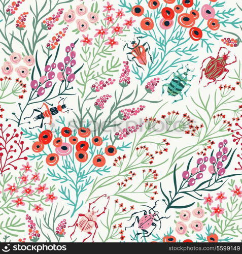 vector floral seamless pattern with summer blooms and insects