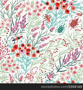 vector floral seamless pattern with summer blooms and insects