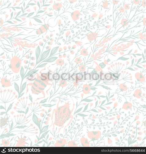 vector floral seamless pattern with summer flowers, plants and insects