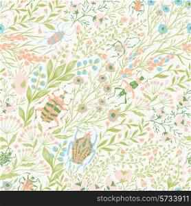 vector floral seamless pattern with summer plants,herbs and beetles