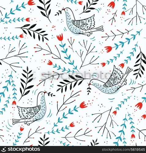 vector floral seamless pattern with tulips and abstract birds