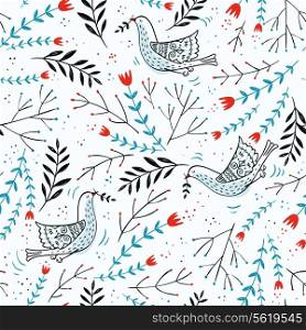 vector floral seamless pattern with tulips and abstract birds
