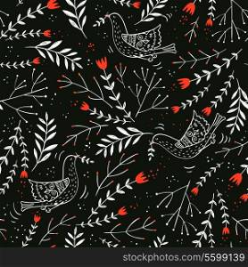 vector floral seamless pattern with tulips and birds