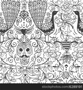 vector floral seamless pattern with vintage peacocks,skulls and roses