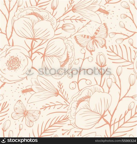 vector floral seamless pattern with vintage roses and butterflies