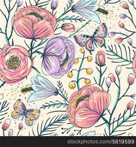 vector floral seamless pattern with vintage roses and butterflies