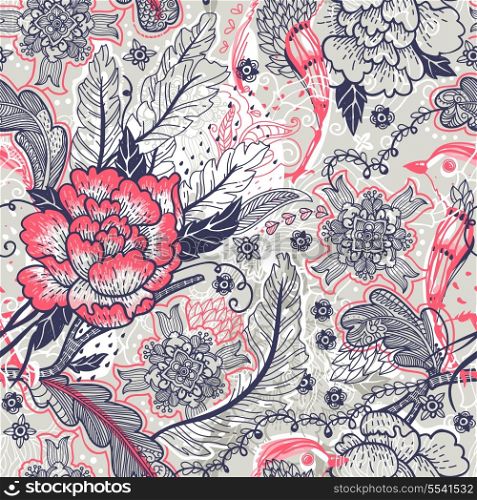 vector floral seamless pattern with vintage roses and feathers