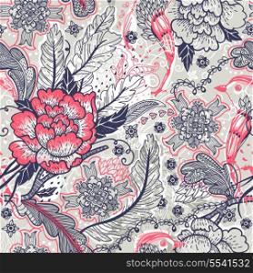 vector floral seamless pattern with vintage roses and feathers