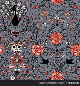 vector floral seamless pattern with vintage roses and skulls