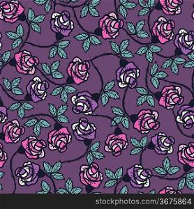 vector floral seamless pattern with vintage roses on a violet background