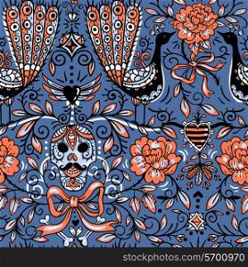 vector floral seamless pattern with vintage roses , peacocks, skulls