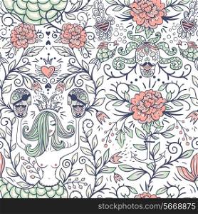 vector floral seamless pattern with vintage roses, pirate skulls and beautiful mermaids
