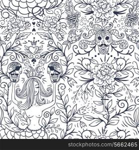 vector floral seamless pattern with vintage roses,skulls and mermaids