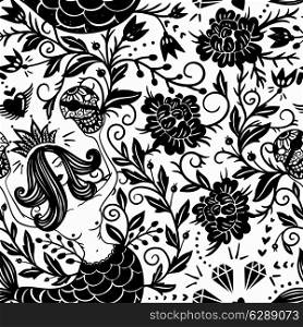 vector floral seamless pattern with vintage roses, skulls and mermaids