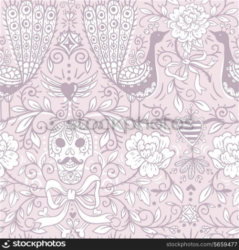 vector floral seamless pattern with vintage roses, skulls and peacocks