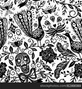 vector floral seamless pattern with vintage roses, skulls and peacocks