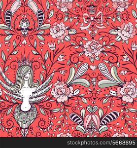 vector floral seamless pattern with vintage roses, skulls and Sirin birds
