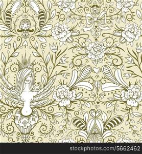 vector floral seamless pattern with vintage roses, skulls and the Sirin bird